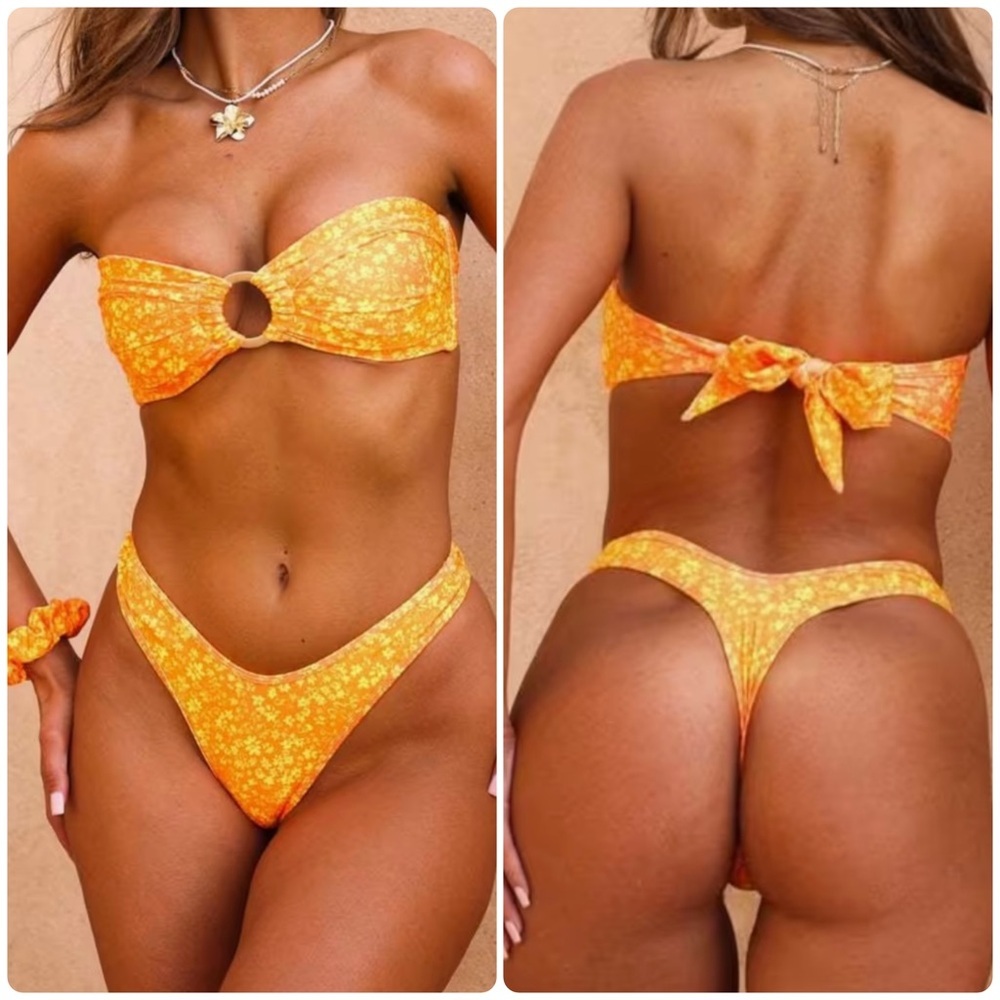 Orange Floral Bandeau High Cut Thong Bikini Set
